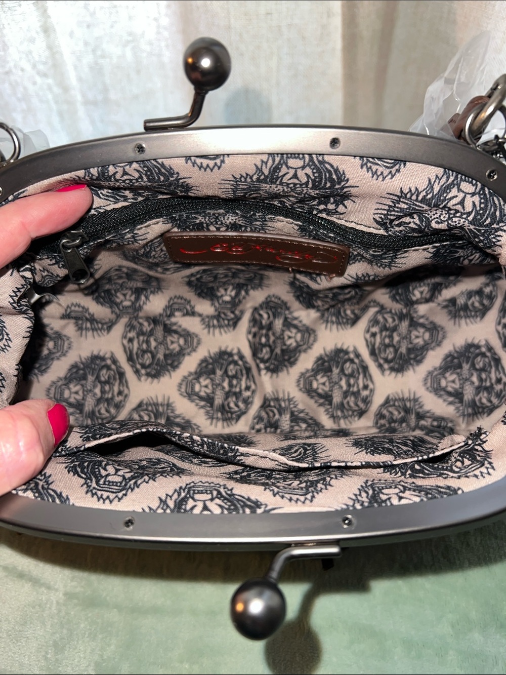 Ed Hardy Brown & Denim Fringed Kiss-Lock Crossbody Bag - Picture 8 of 10